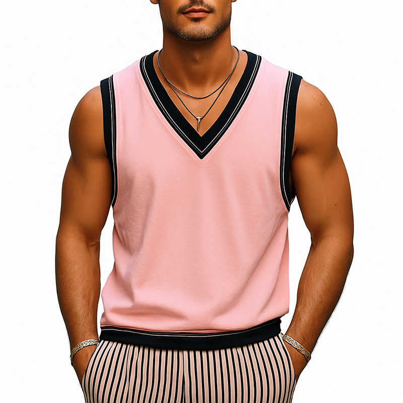 Men's Contrast Color V-Neck Cotton Blend Tank Top MTA1817G9X