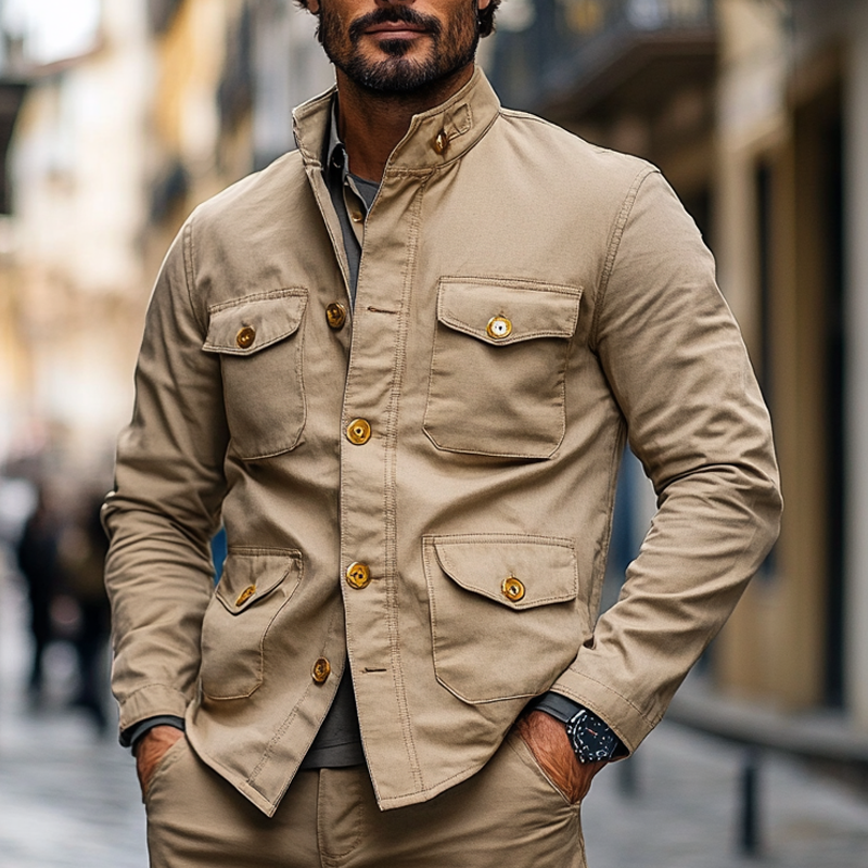Men's Cotton Solid Color Multi-Pocket Stand Collar Button Jacket MTA0458I8X