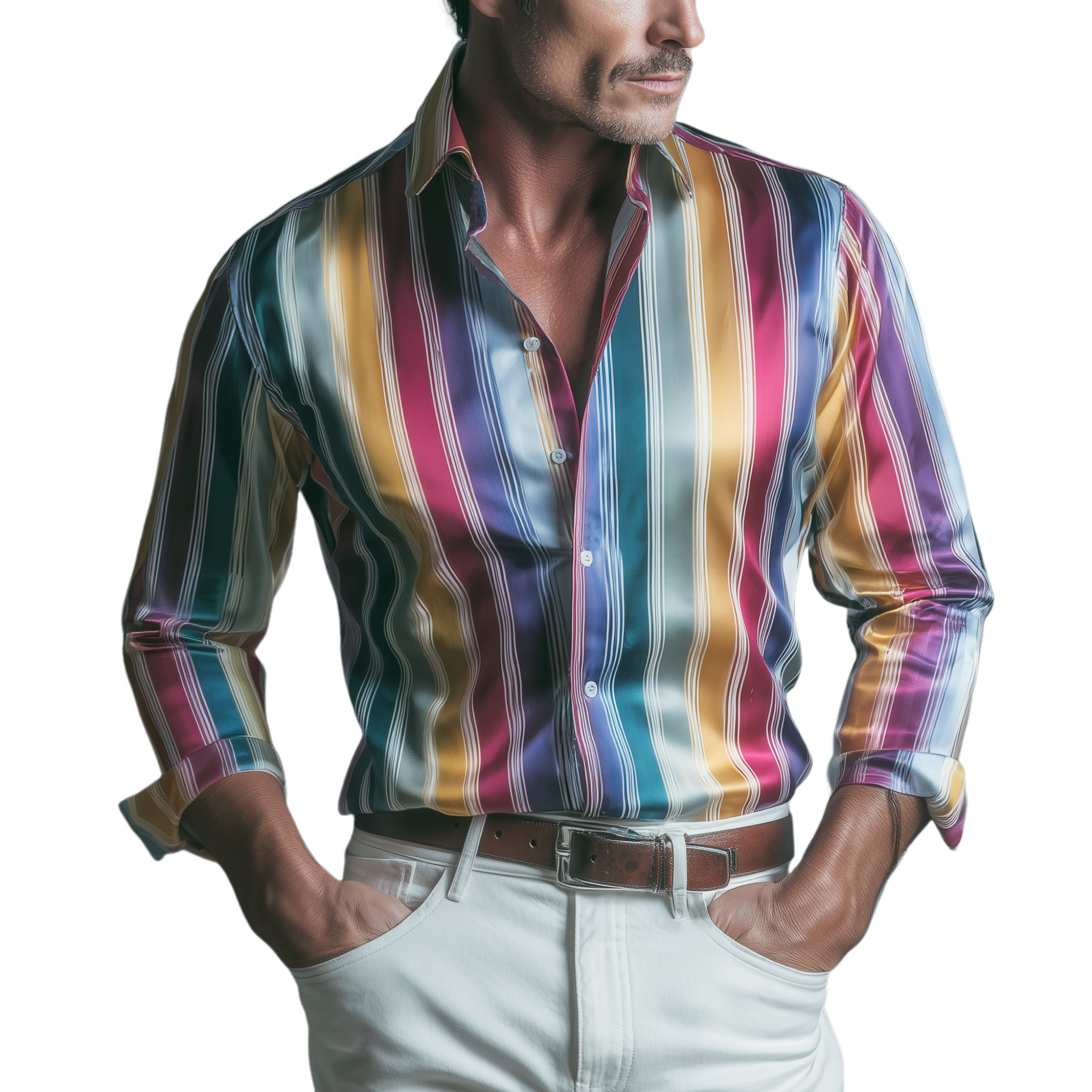 Men's Fashion Casual Satin Color Vertical Stripe Print Slim Fit Long Sleeve Shirt MTA2469G8K