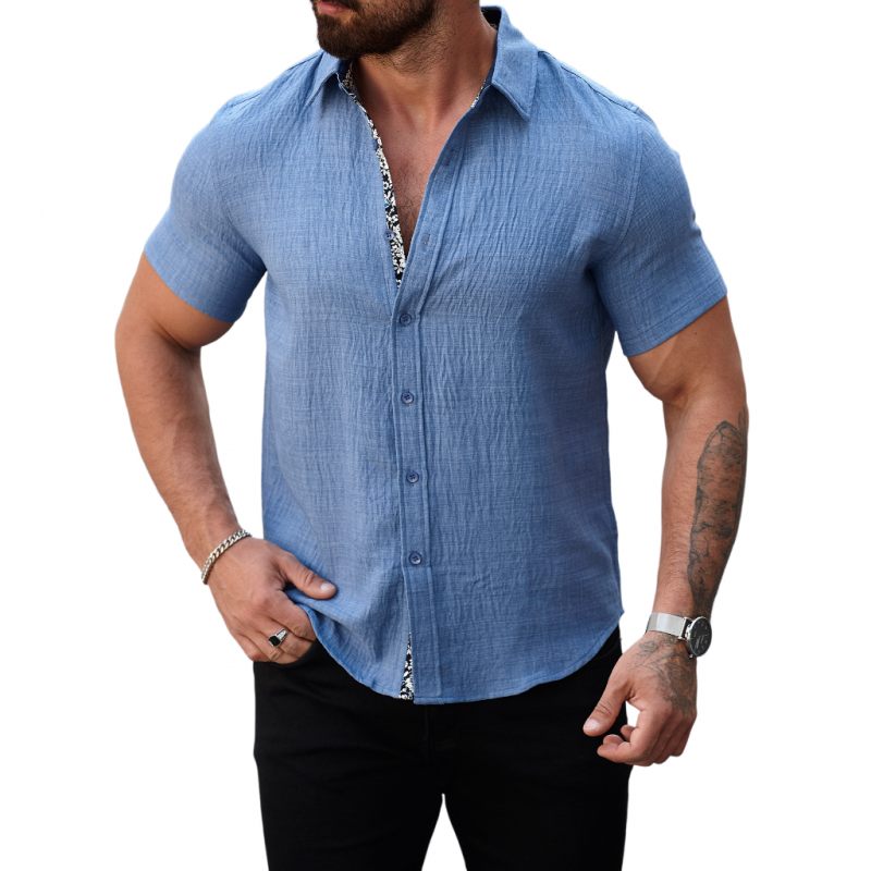 Men's Casual Cotton Linen Pleated Colorblock Lapel Slim Fit Short Sleeve Shirt MTA2680E3M
