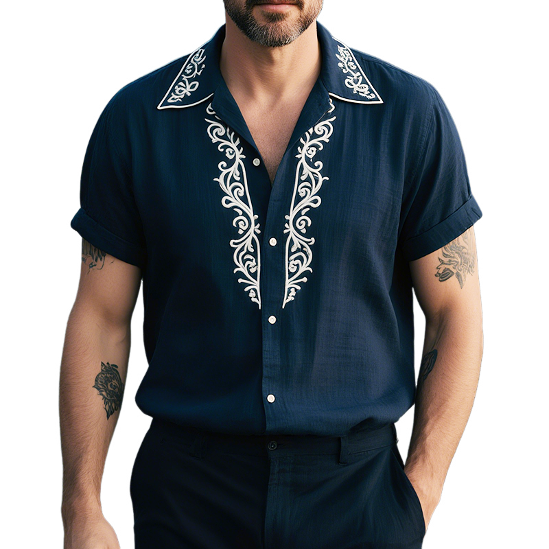 Men's Retro Casual Linen Palace Style Embroidered Lapel Short Sleeve Shirt MTA1678G2TO