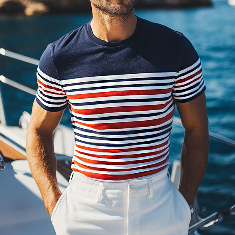 Men's Retro Casual Striped Printed Elastic Slim Round Neck Short Sleeve T-Shirt MTA0995E0TO