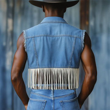Men's Western Cowboy Style Tassel Denim Vest MTA1428E9U