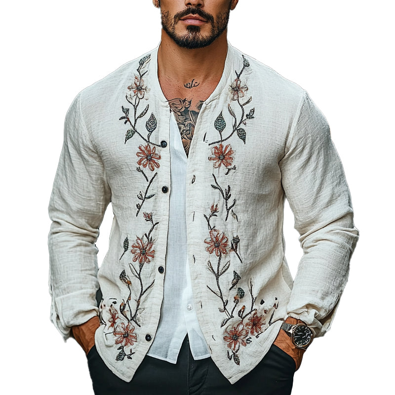 Men's Cotton and Linen Floral Embroidered Vintage Thin Jacket 50036991X