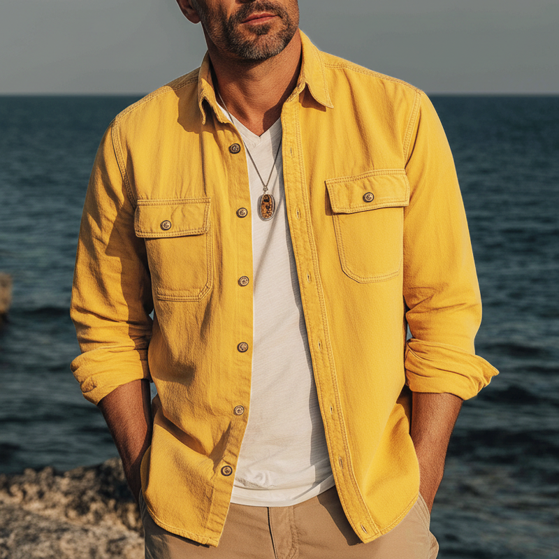 Men's Urban Solid Color Twill 100 Cotton Long-Sleeve Shirt MTZ2111A2U