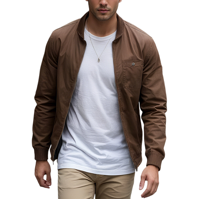 Men's Solid Color Cotton Stand Collar Chest Pocket Zipper Jacket MTA1291I2Z
