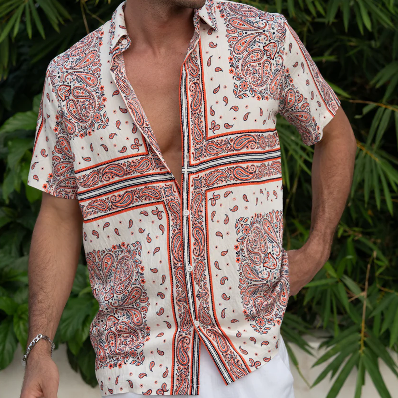 Men's Summer Vintage Tencel Cotton Printed Lapel Short Sleeve Shirt MTA0293G7K