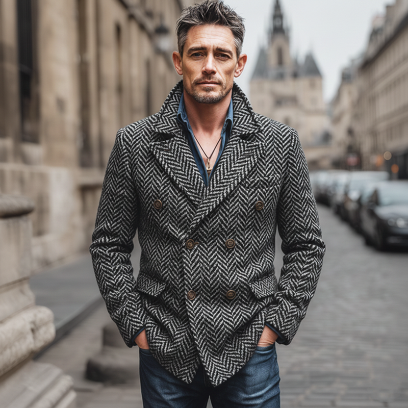 Men's Classic Herringbone Double-Breasted Faux Wool Blazer MTA2029J0U