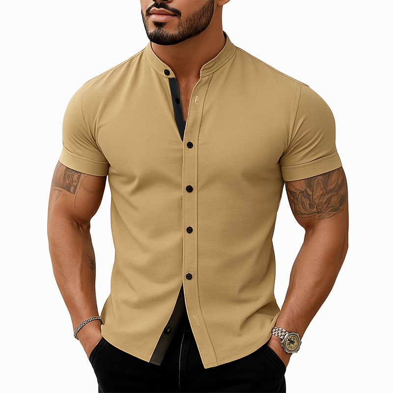 Men's Stand Collar Cotton Blend Short Sleeve Shirt MTA2220G2X