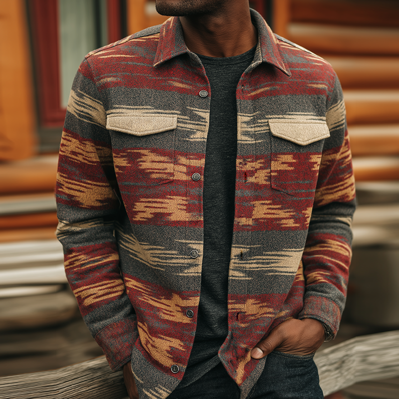 Men's Retro Casual Western Style Aztec Print Lapel Shirt Jacket MTA2801H4TO