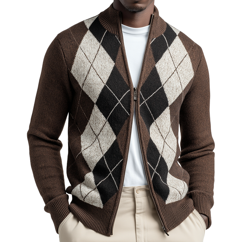 Men's Retro Casual Diamond Colorblock Double Zipper Stand Collar Sweater MTA1093J2TO