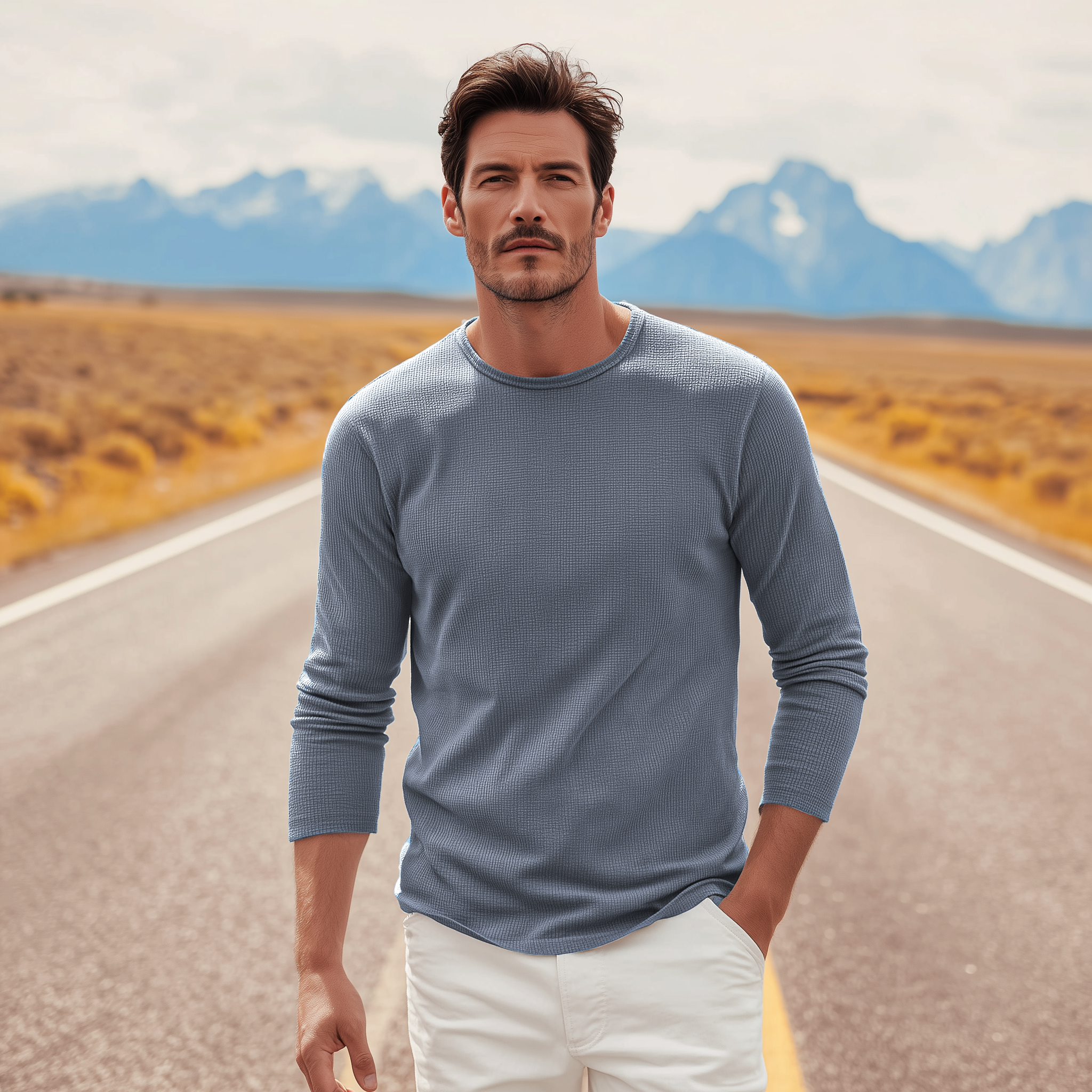 Men's Classic Casual Crew Neck Waffle Slim Fit Long Sleeve T-Shirt MTA0211H2K