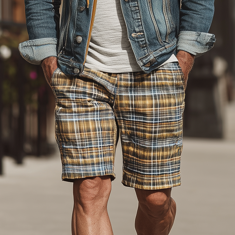Men's Summer Cotton Blend Fashion Check Print Casual Shorts MTA1461G7P