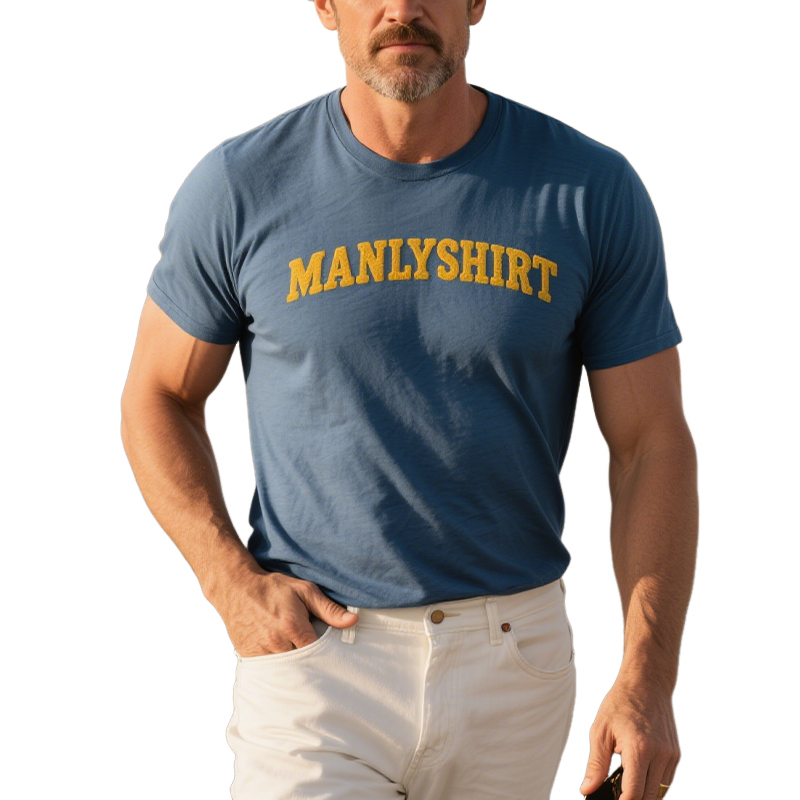 Men's Spring And Summer Fashion Casual American Western Style Tough Guy Cotton Blended Letter Towel Three-dimensional Embroidered Short-sleeved T-shirt MTA2024E1K