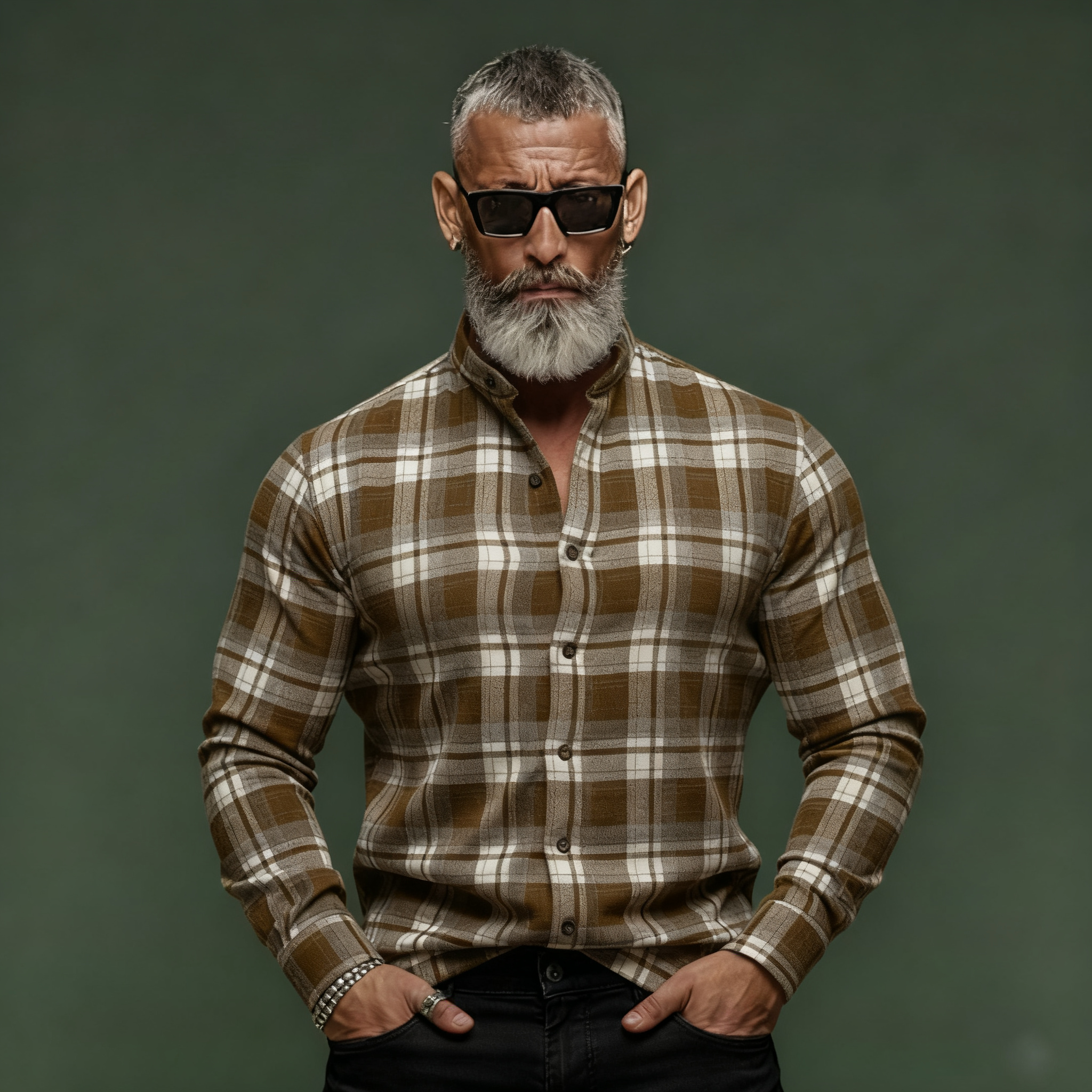 Men's Classic Casual Stand Collar Plaid Brushed Cotton Blend Long-Sleeve Shirt MTA2815K1K