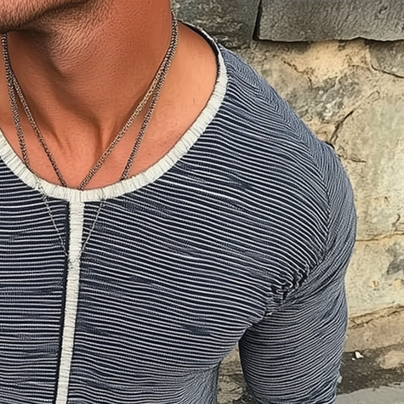 Men's Retro Casual Striped Printed Round Neck Long Sleeve T-Shirt 21041887TO