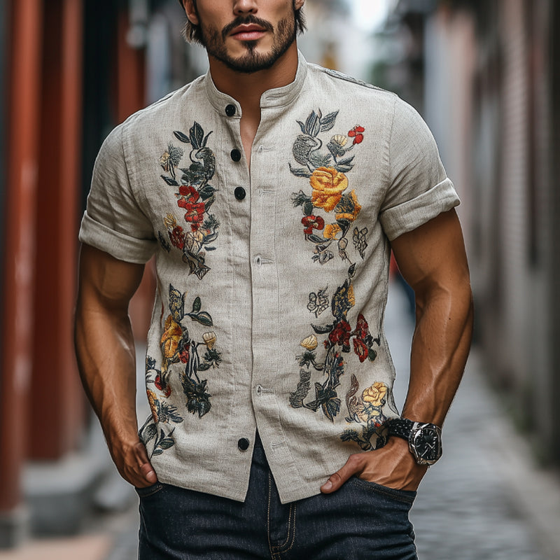 Men's Floral Embroidered Slim Fit Short Sleeve Stand Collar Shirt MTA2700E8X