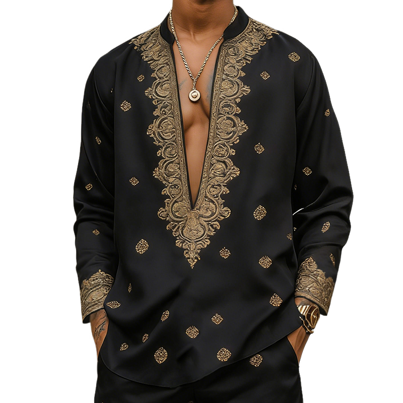 Men's Retro Casual Court Style Printed V-Neck Long Sleeve Shirt MTZ1131B3TO