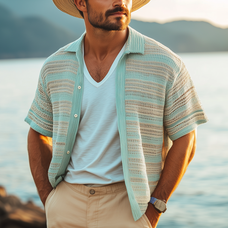 Men's Summer Fashion Colorblock Mesh Knit Short Sleeve Shirt MTA1223F3U