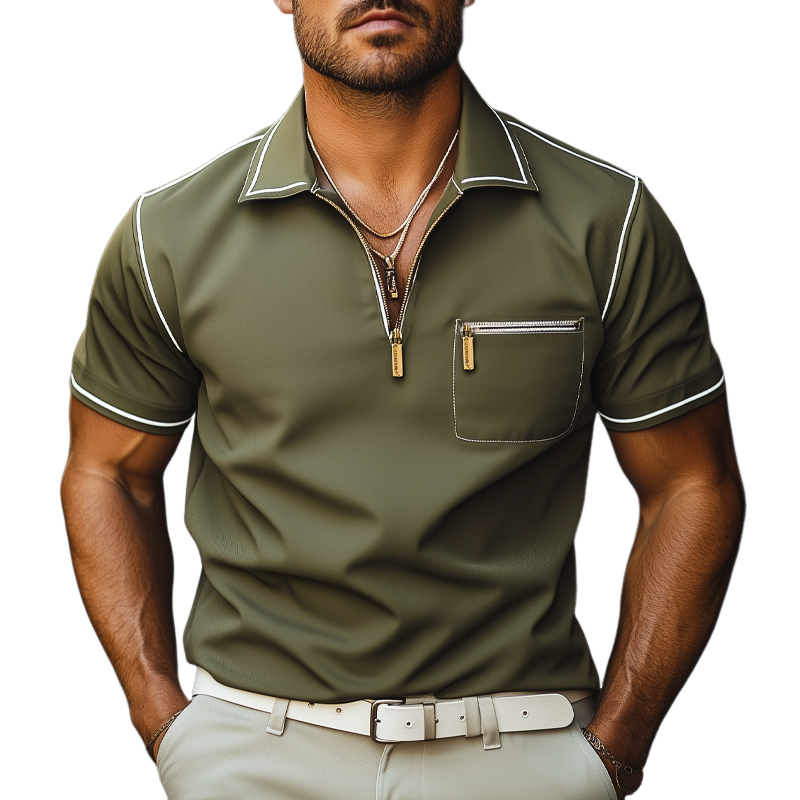 Men's Business Classic Short Sleeve Zipper Polo Neck T-Shirt MTA3010G3U