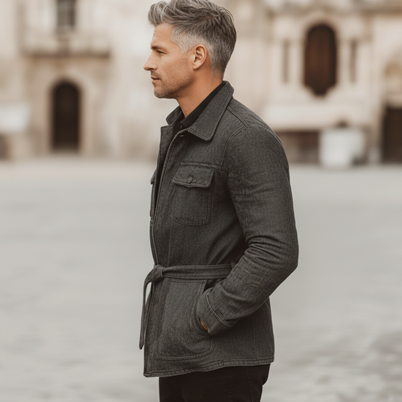 Men's Classic Elegant Dark Grey Blend Belt  Laple Jacket MTA3019L5U