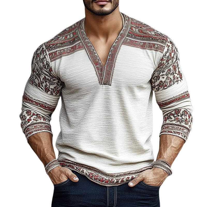 Men's Retro Colorblock Printed Wrinkled V-Neck Long Sleeve T-Shirt 60002735U