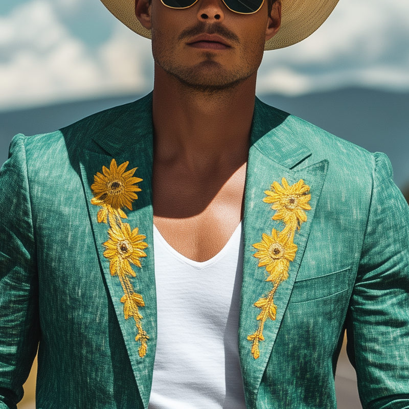 Men’s Spring and Summer Thin Fashion Casual American Retro Western Tough Style Cotton And Linen Texture Embroidery Slim Fit Single-breasted Blazer MTA1603F8K
