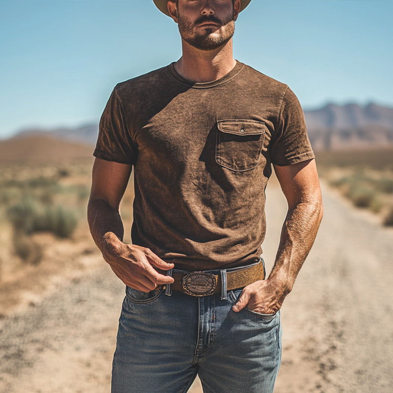 Men's Western Vintage Style Round Neck Short Sleeve T-Shirt MTA0998E2X