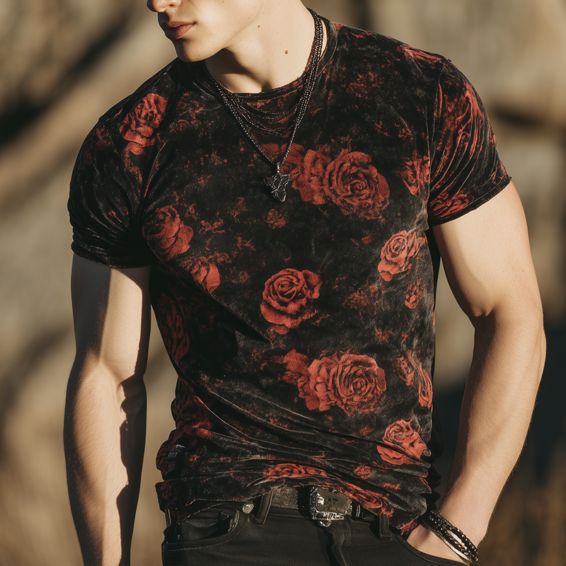 Men's Retro Casual Rose Print Velvet Round Neck Short Sleeve T-Shirt MTA1047G0TO
