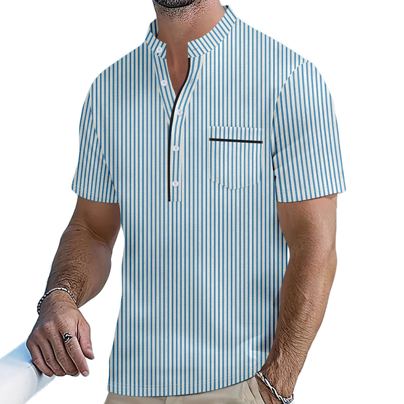 Men's Contrast Striped Stand Collar Short Sleeve Shirt MTA0617E5X