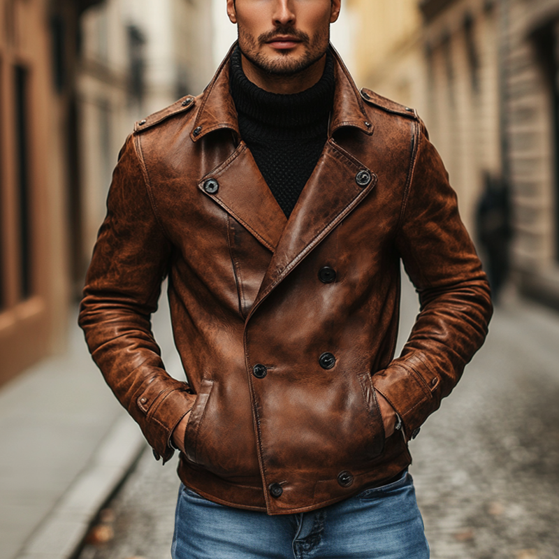 Men's Vintage Lapel Double Breasted PU Leather Jacket MTA2676I8X