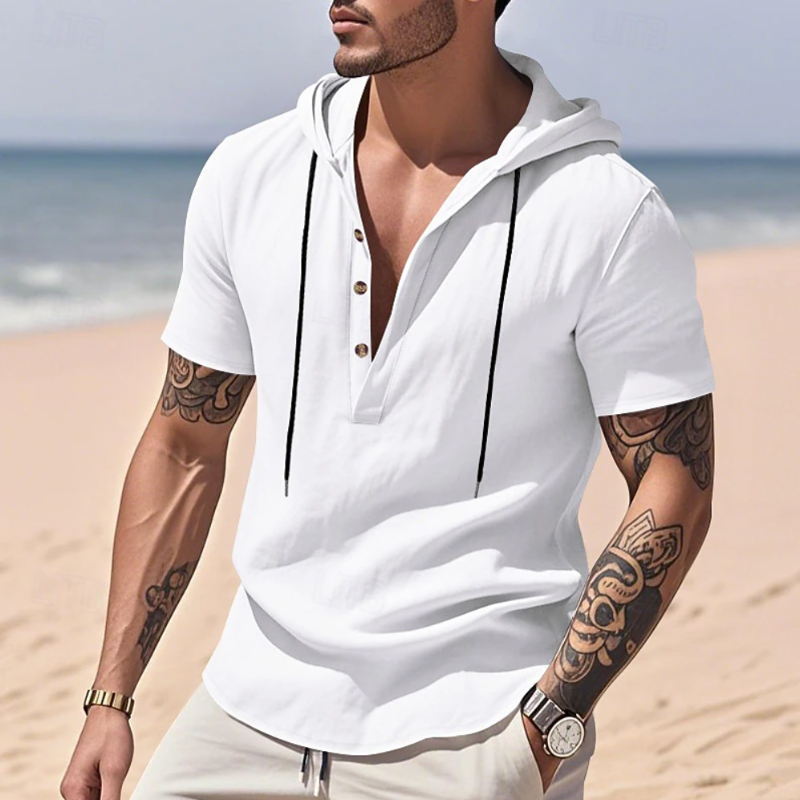 Men's Casual Solid Color Breathable Cotton Henley Collar Hooded Slim Fit Short Sleeve T-Shirt MTA0630E7M