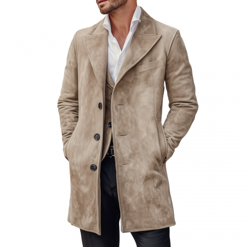 Men's Vintage Elegant Solid Color Suede Peak Lapel Single-Breasted Slim-Fit Coat MTA0245H7M