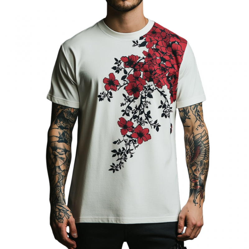 Men's Casual Contrast Color Floral Print Round Neck Slim Fit Short Sleeve T-shirt MTA1564E5M