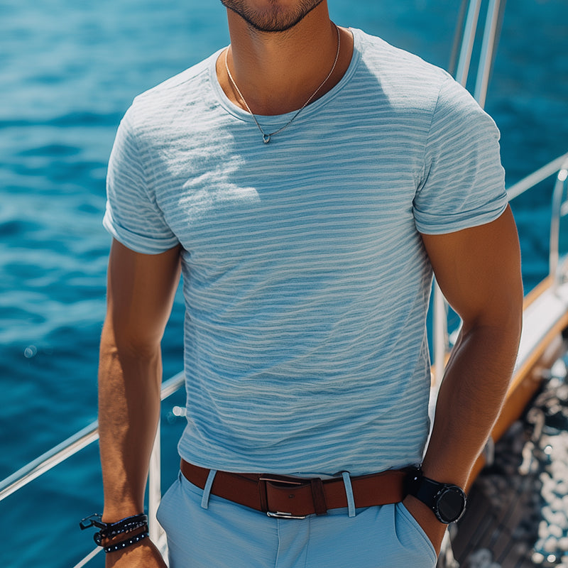 Men'S Retro Casual Nautical Striped Round Neck Short Sleeve T-Shirt MTA0962E5TO
