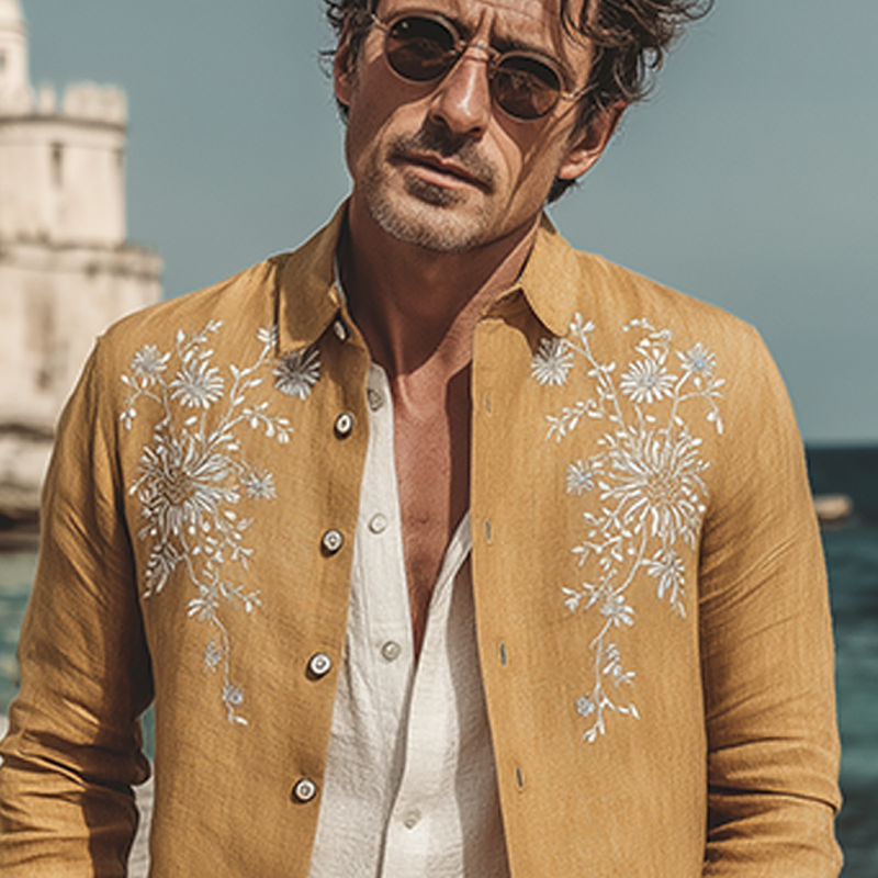 Men's Classic Vintage Exquisite Chest And Cuff Embroidery Cotton Linen Lapel Thin Jacket MTA1666G4K