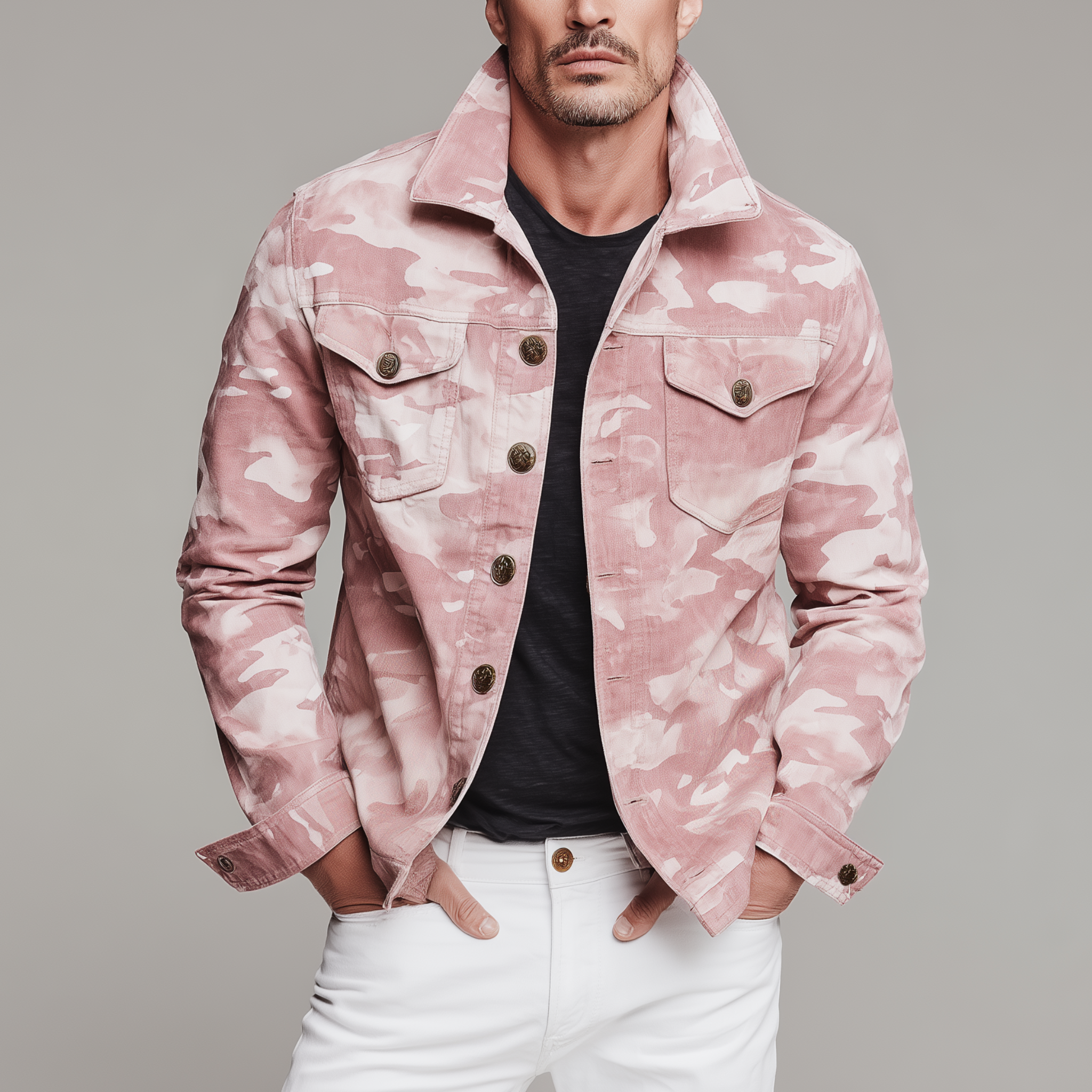 Men's Classic Casual Pink Camouflage Pattern Cotton Blend Lapel Jacket MTA2816H9K