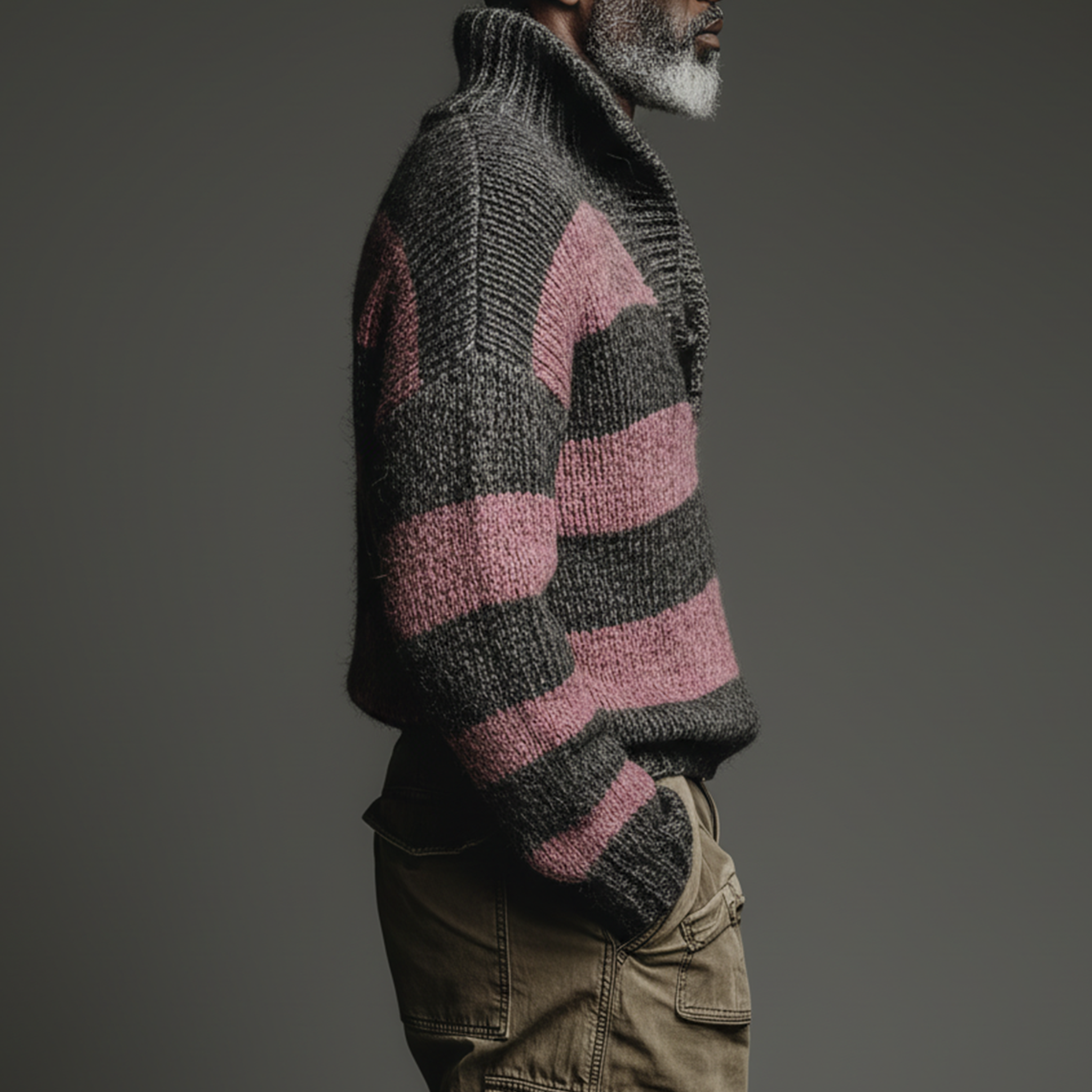 Men's Classic Casual Pink And Gray Horizontal Striped Stand Collar Loose Sweater MTA2829I6K