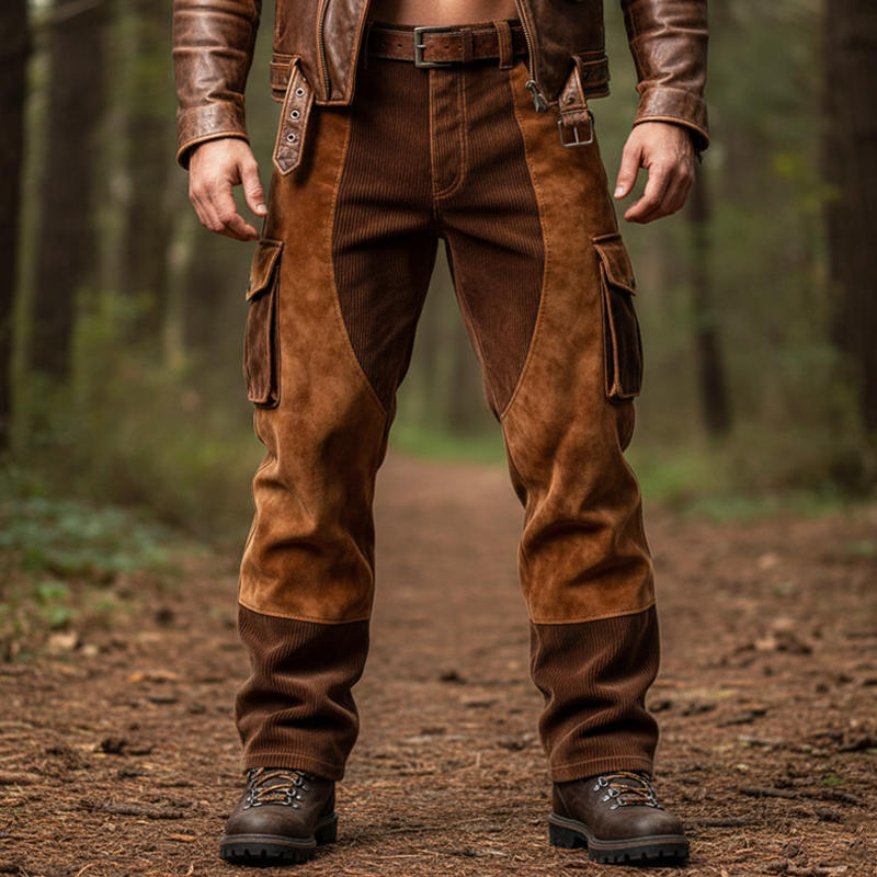 Men's Outdoor Brown Suede And Corduroy Straight-leg Pants MTA1080K2U