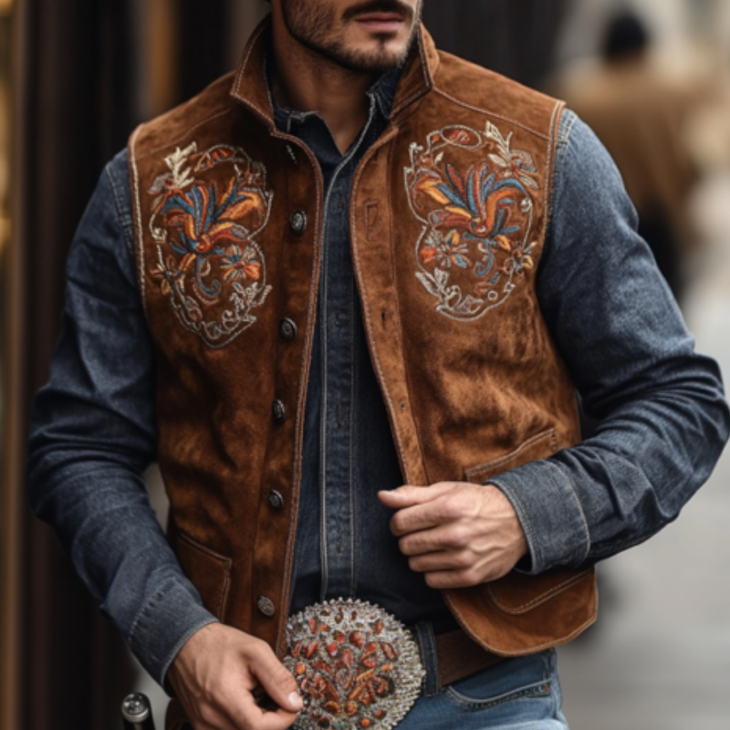 Men's Vintage Western Embroidered Suede Stand Collar Vest 67577310K