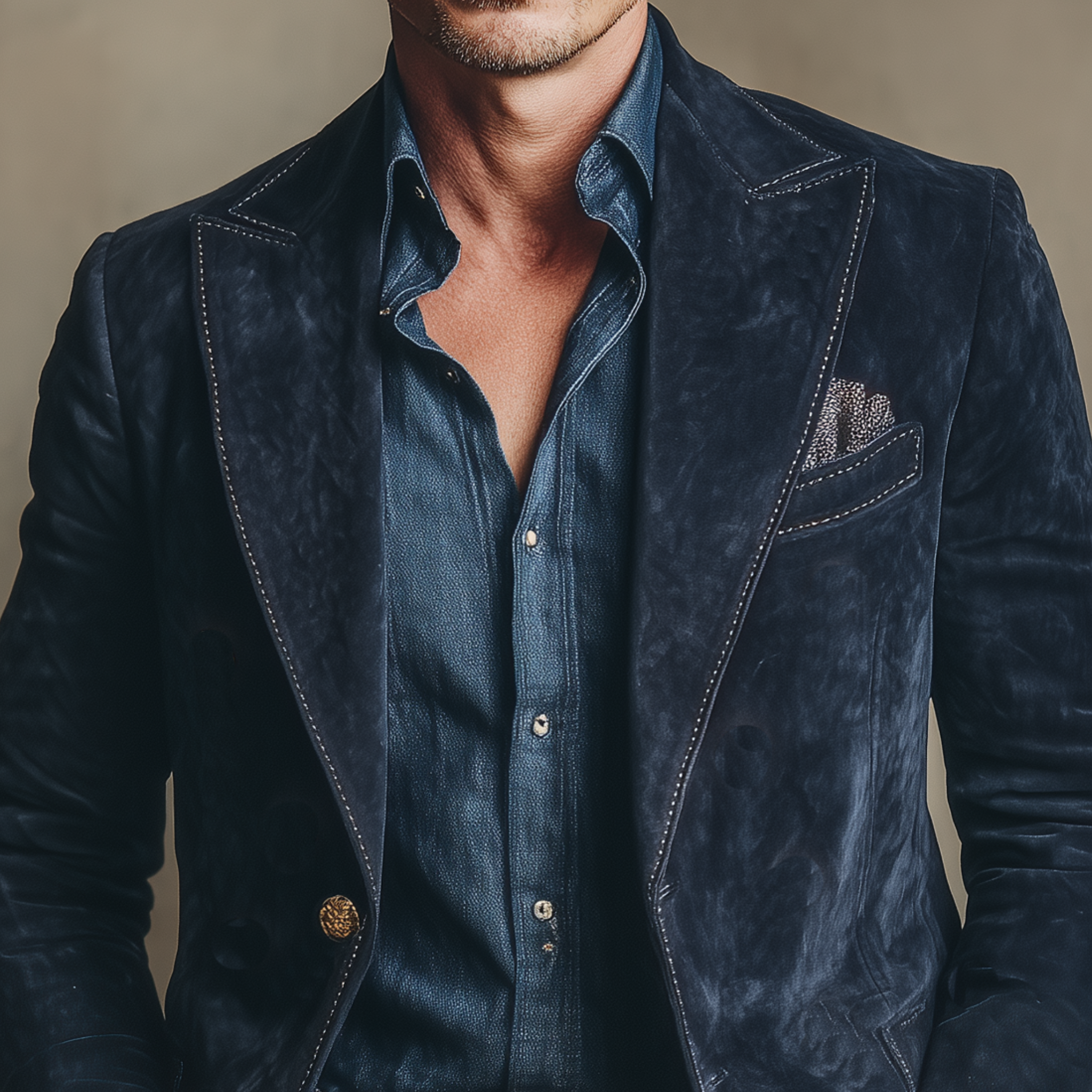 Men's Classic Vintage Navy Suede Single-breasted Slim-fit Blazer MTA1546I4K