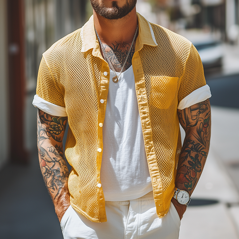 Men's Retro Mesh Splicing Lapel Short Sleeve Shirt MTA2691F0TO