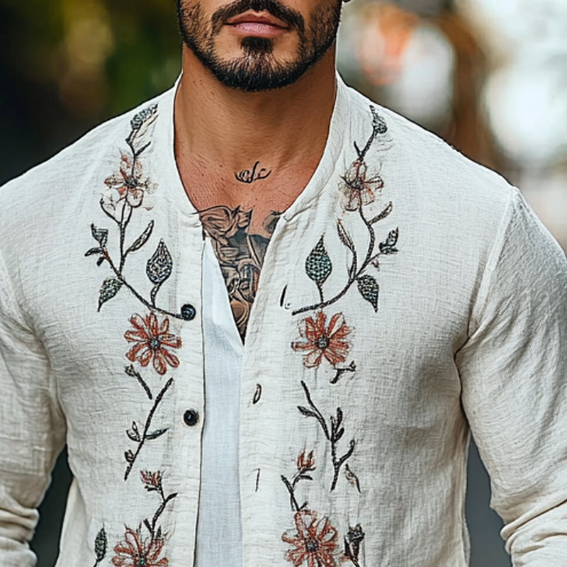 Men's Cotton and Linen Floral Embroidered Vintage Thin Jacket 50036991X