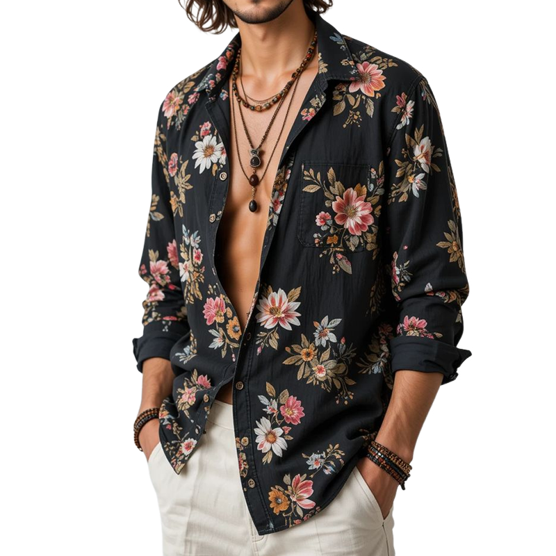 Men's Floral Lapel Chest Pocket Long Sleeve Shirt MTA2283G9Z