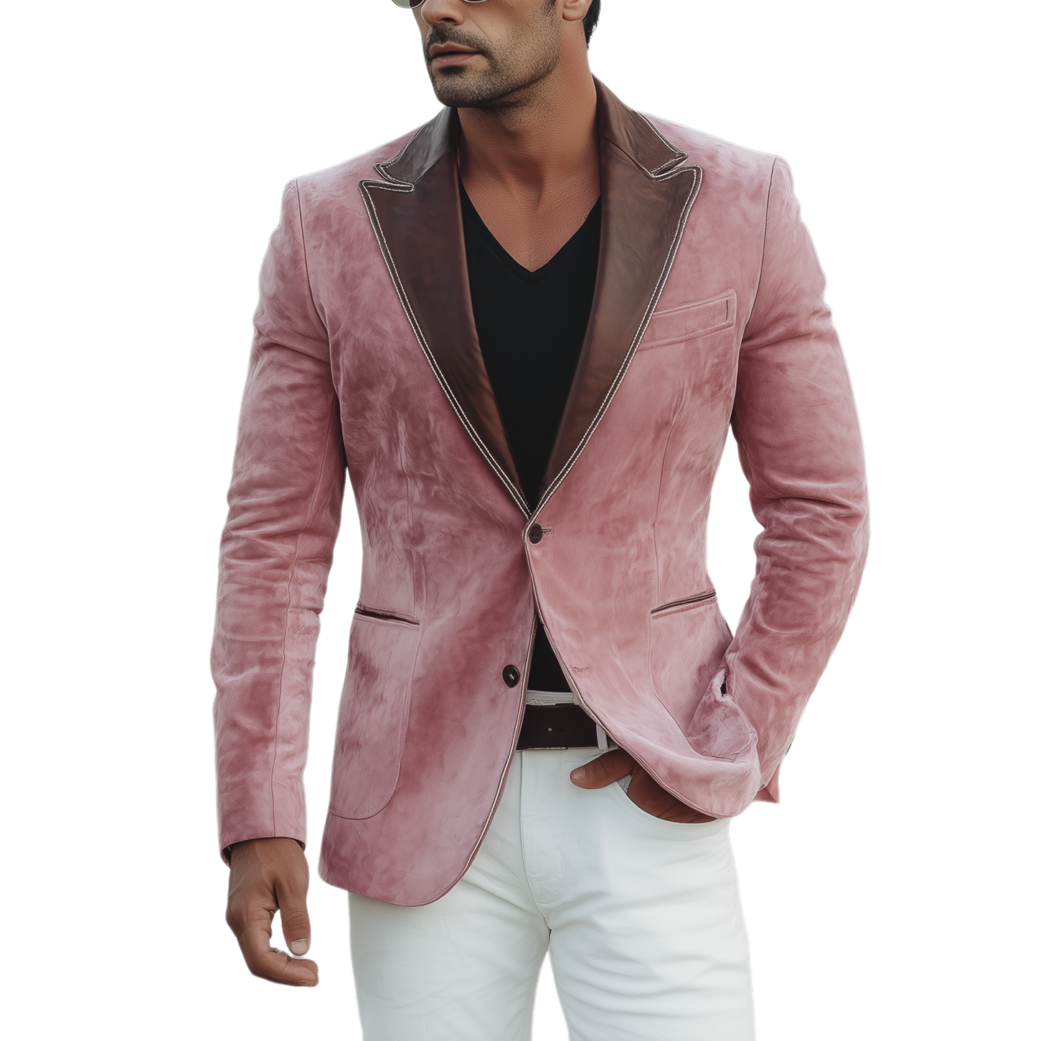 Men's Classic Retro Western Style Collar Stitching PU Leather Single-breasted Pink Suede Blazer MTA1911H0K