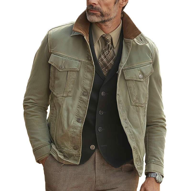 Men's American Retro Style Washed Denim Faux Suede Patchwork Jacket MTA0280I4P