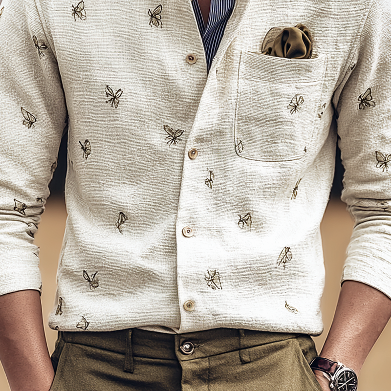 Men's Butterfly Print Stand Collar Long Sleeve Shirt MTA1102I7Z