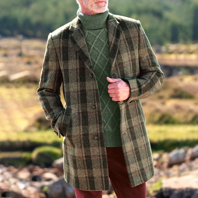 Men's Plaid Tweed Notch Lapel Single-Breasted Mid-length Coat MTA1638I9Z