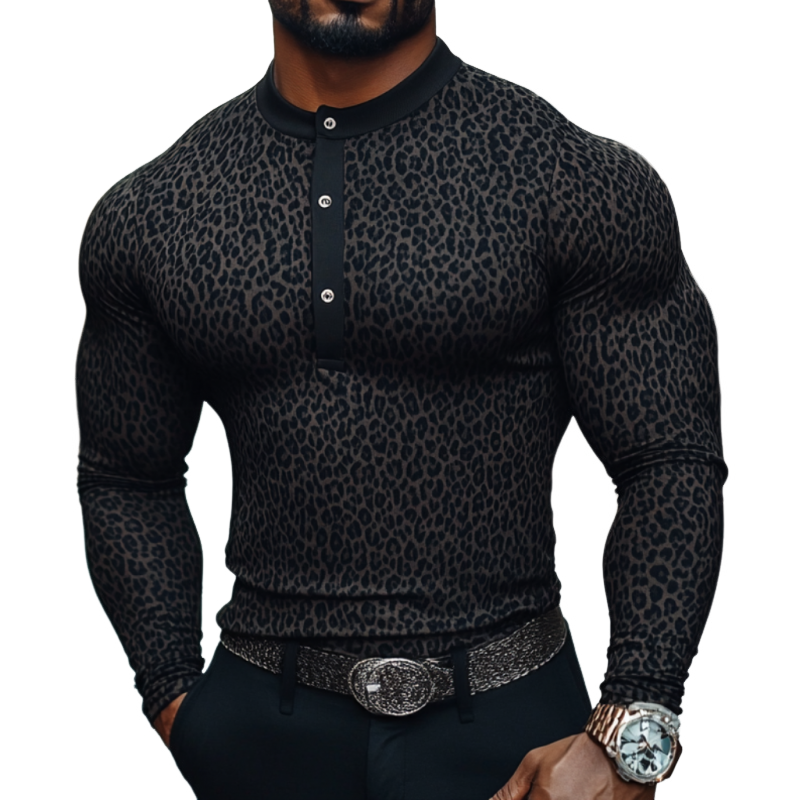 Leopard Leopard Henley Krage, Slim Fit Langermet T-skjorte for menn 61874284M