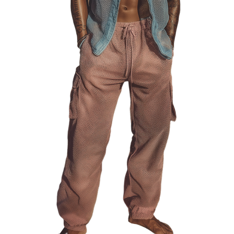 Men's Spring And Summer Fashion Casual Mesh Fabric With Lining Multi-Pocket Cuff Elastic Waist Pants MTA2042F8K